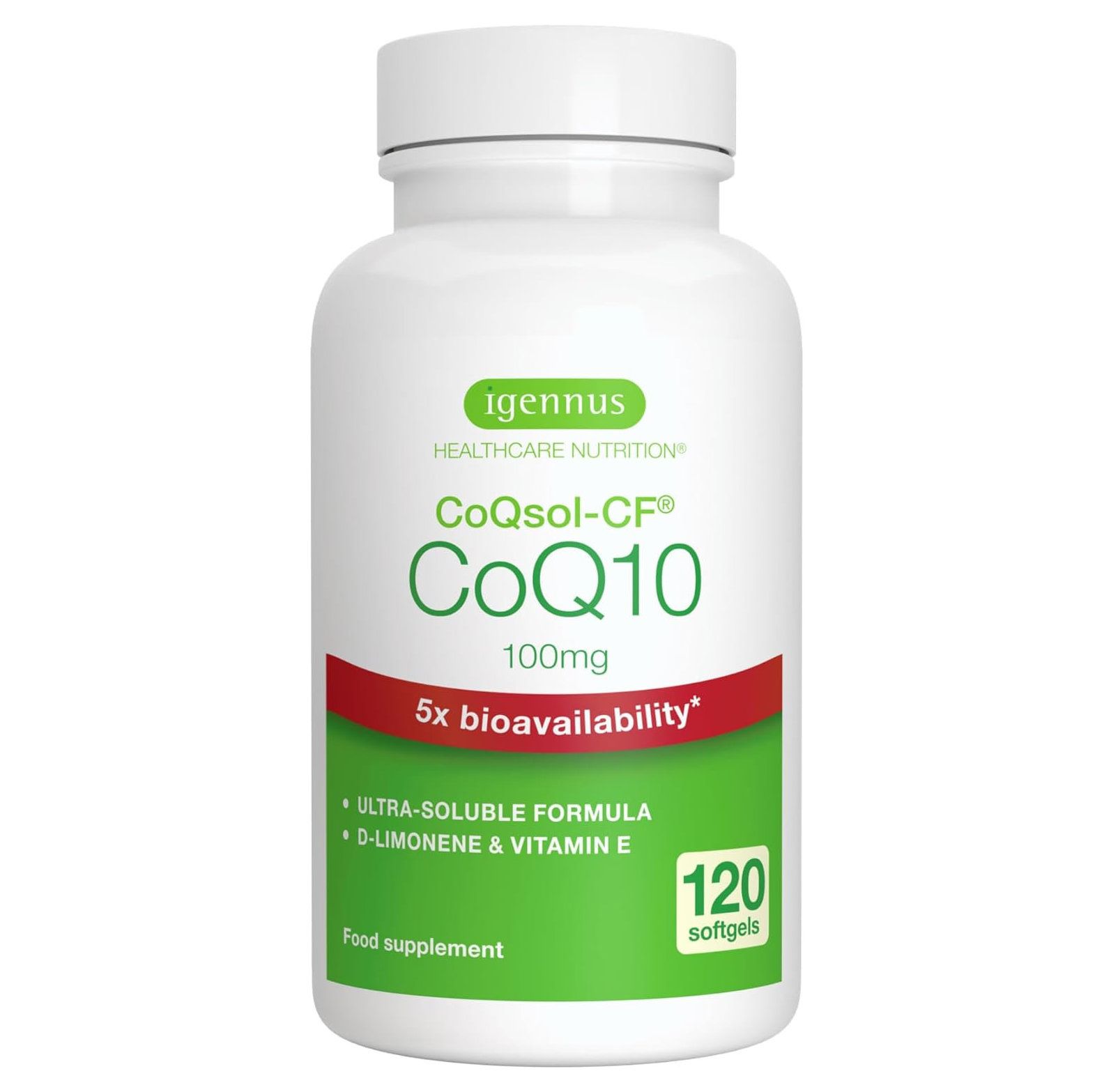 Flacon blanc avec étiquette verte. Contient 120 gélules. Inscription : CoQ10 100mg, 5x biodisponibilité.