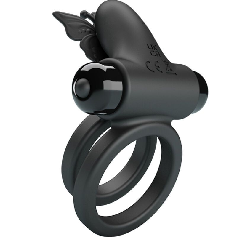 Zwarte dubbele penisring vibrator met vlinderdetail, schuin van voren.