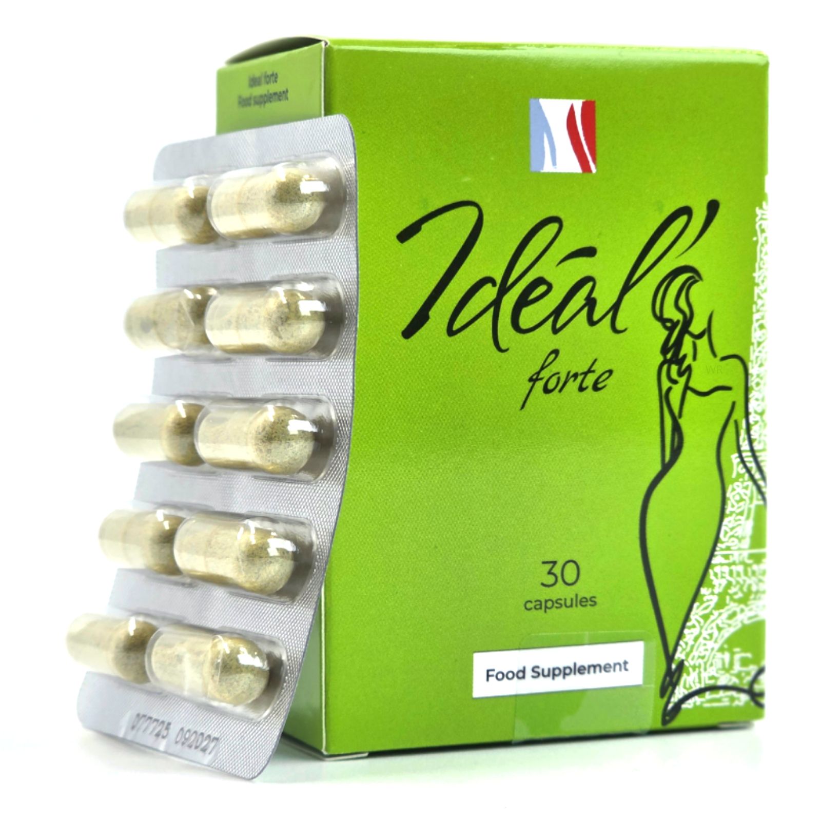 Emballage Ideal Forte avec un blister de 6 capsules, 30 capsules au total.