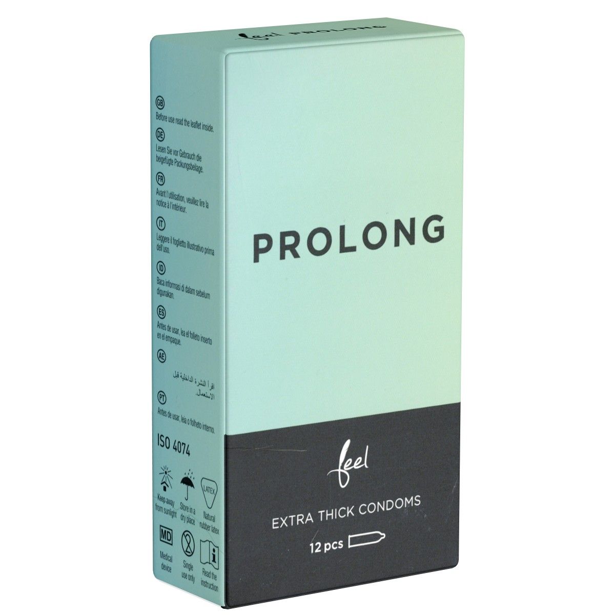 Boîte de préservatifs. Inscription "PROLONG" et "EXTRA THICK CONDOMS". Contient 12 pièces. Marque "feel".