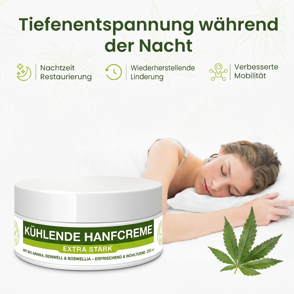 Pot blanc avec texte vert: KÜHLENDE HANFCREME. Extra fort. Femme dormant dans un lit. Feuille verte.