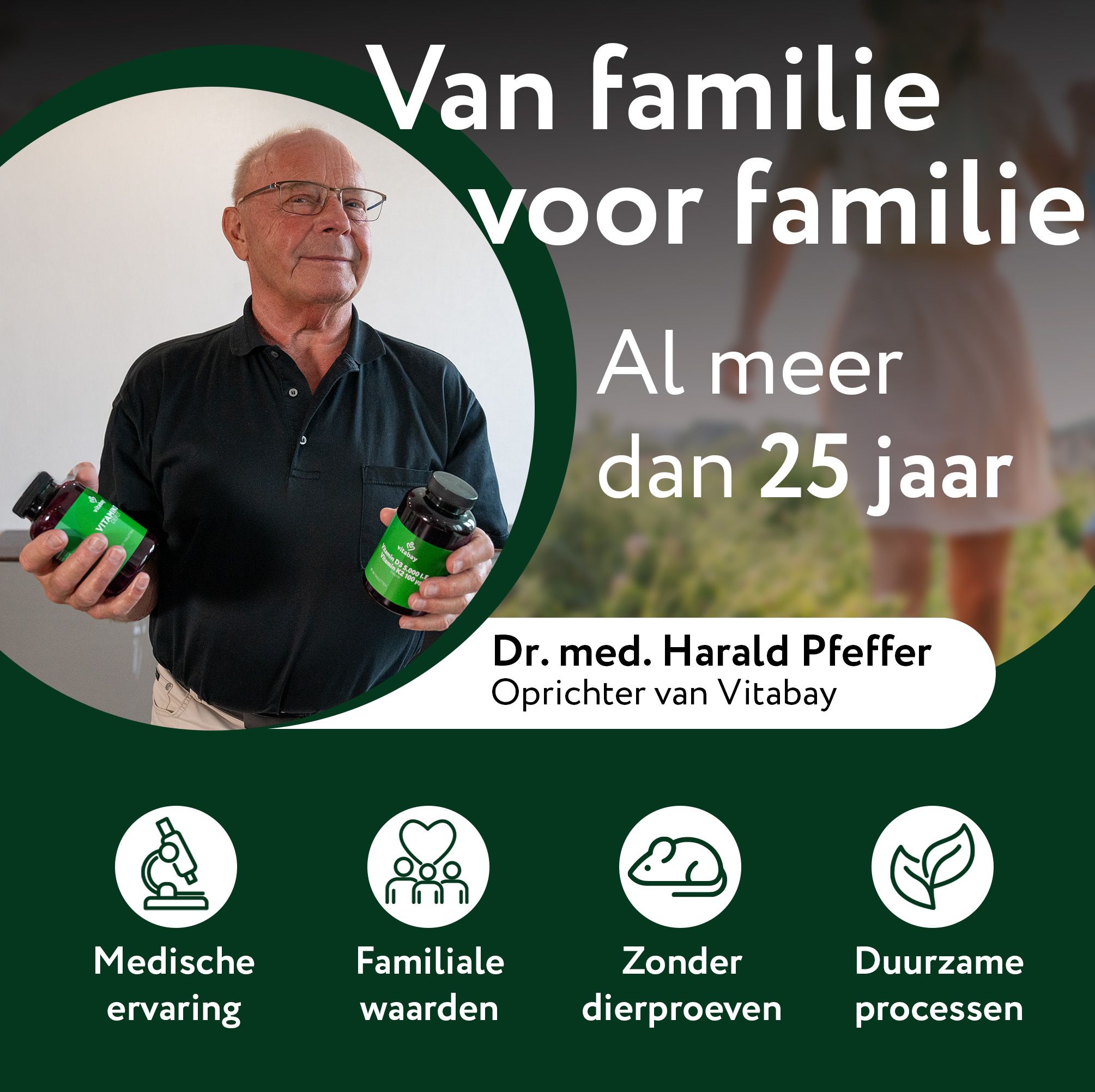 Oprichter Vitabay met producten. Medische ervaring, familiale waarden, zonder dierproeven, duurzaam.