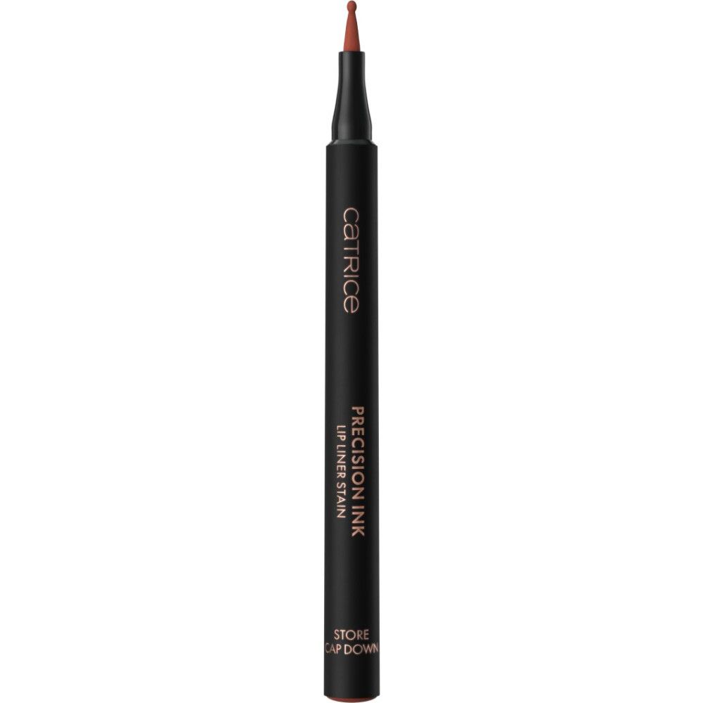 Zwarte lipliner pen met fijne punt, met opschrift 'CATRICE PRECISION INK LIP LINER STAIN'.