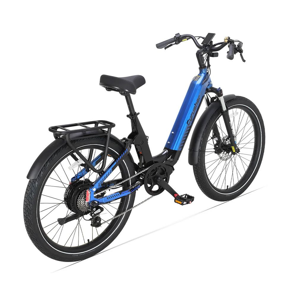 Blauw-zwarte e-bike. Bagagerek, 8 versnellingen. Cyrusher Sprint.