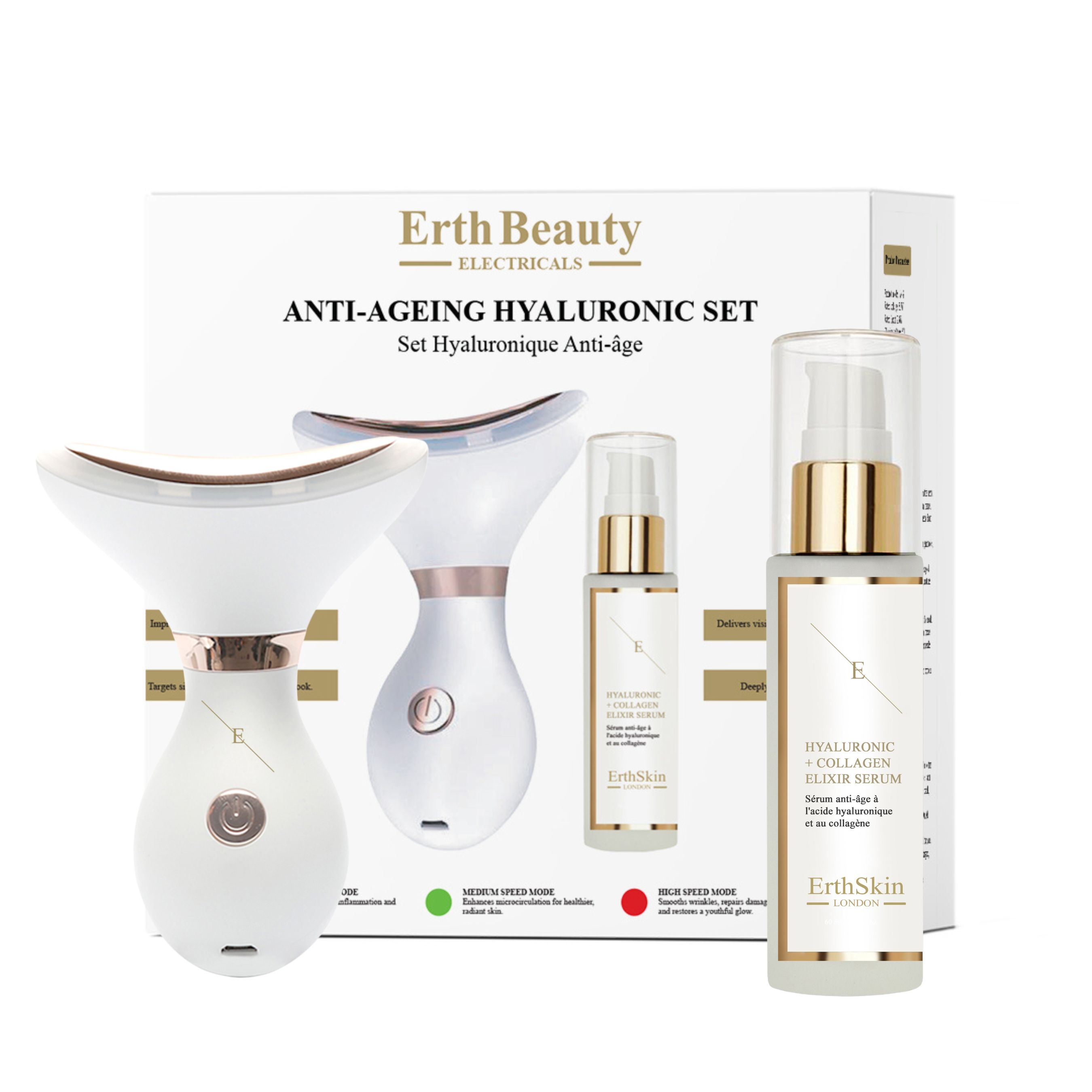 Ensemble avec appareil et sérum dans une boîte. L'appareil a une forme incurvée. Sur la boîte, il est écrit Anti-Ageing Hyaluronic Set. Indicateurs vert/rouge.