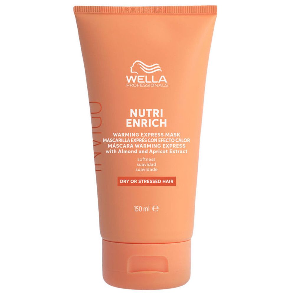 Tube orange avec nom et logo du produit. Texte: Nutri Enrich, Masque Express Chauffant, avec extrait d'amande et d'abricot. Pour cheveux secs ou abîmés.