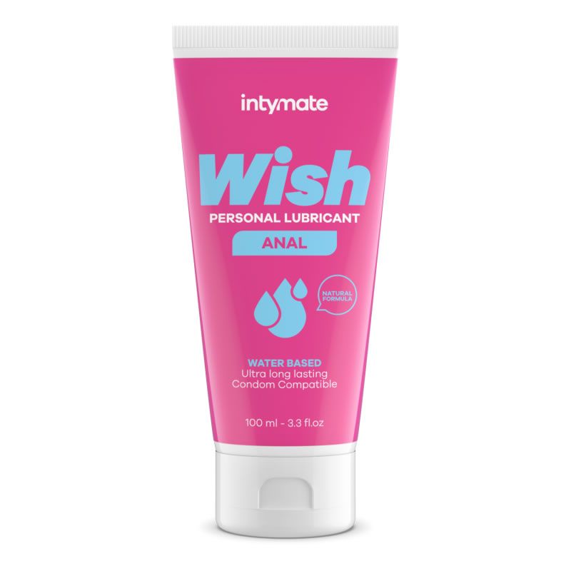 Roze tube met witte dop. Opschrift: Intymate Wish, Personal Lubricant, Anal. Op waterbasis, condoomcompatibel. 100 ml.