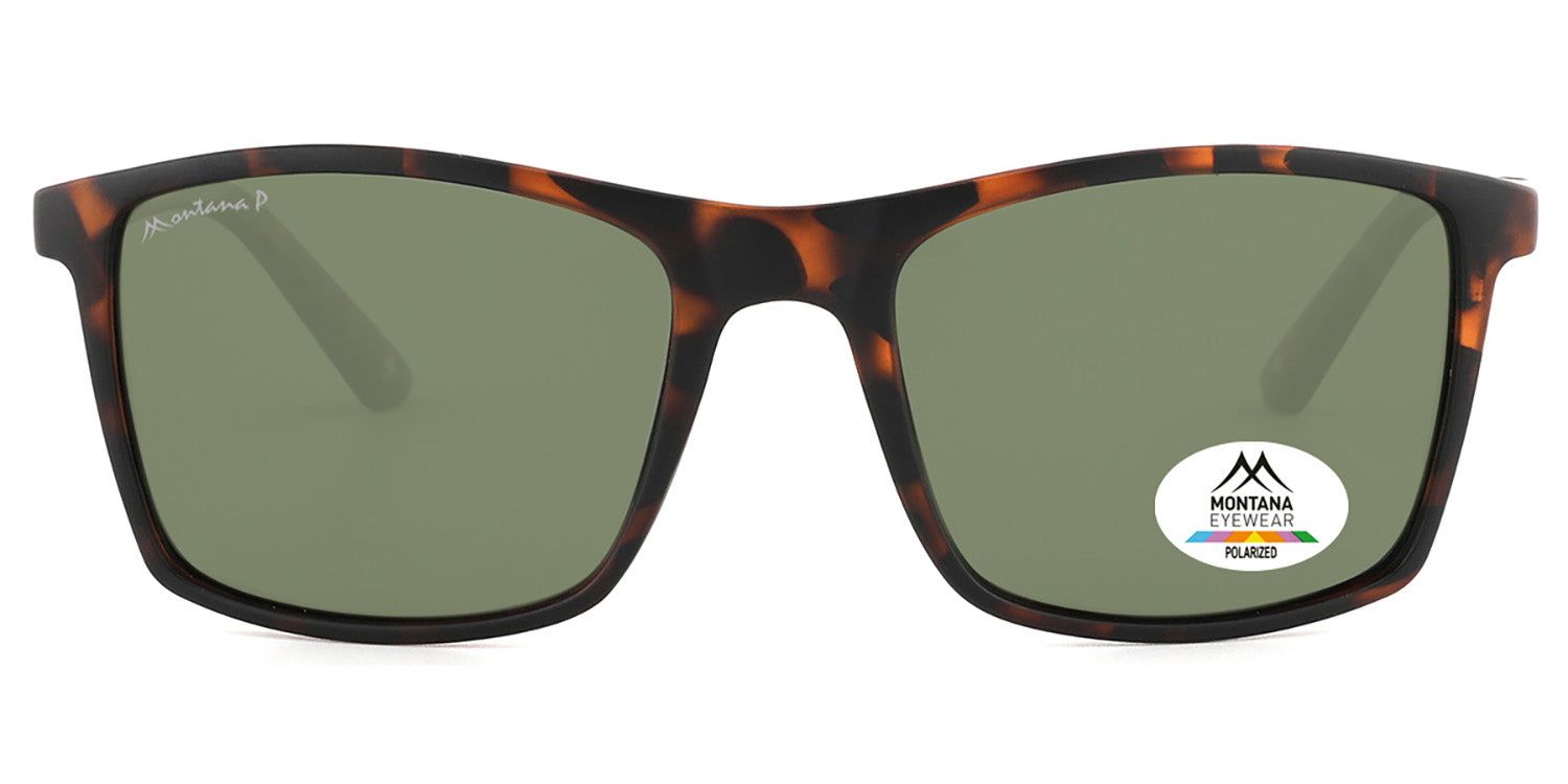 Zonnebril met bruin montuur en groene glazen. Montana Eyewear logo op het glas. Rechthoekige vorm.