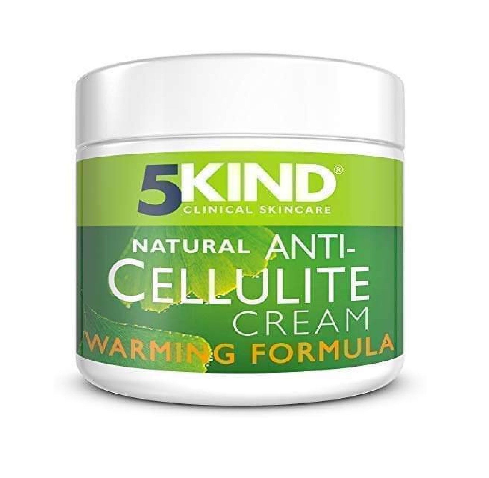 Pot blanc avec étiquette verte. Inscription : 5Kind, Natural Anti-Cellulite Cream, Warming Formula.