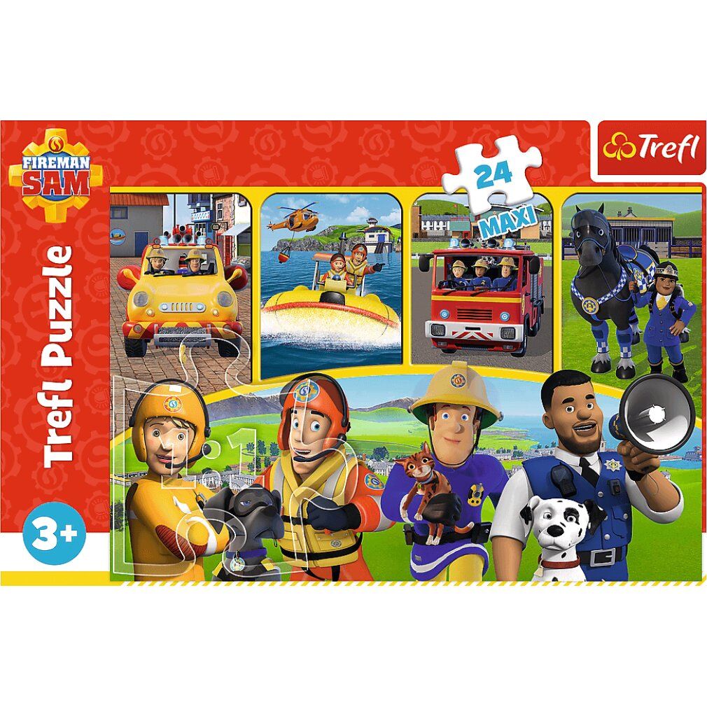 Emballage de puzzle avec le motif "Sam le pompier". Le puzzle contient 24 pièces et convient aux enfants de 3 ans et plus.