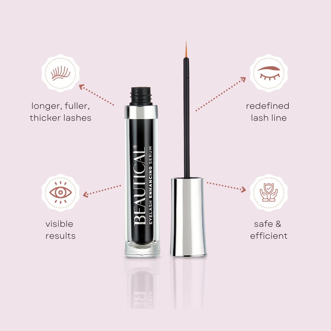 Beautical wimperserum met illustraties. Zwarte fles, zilveren dop, applicator. Voordelen: langere wimpers.