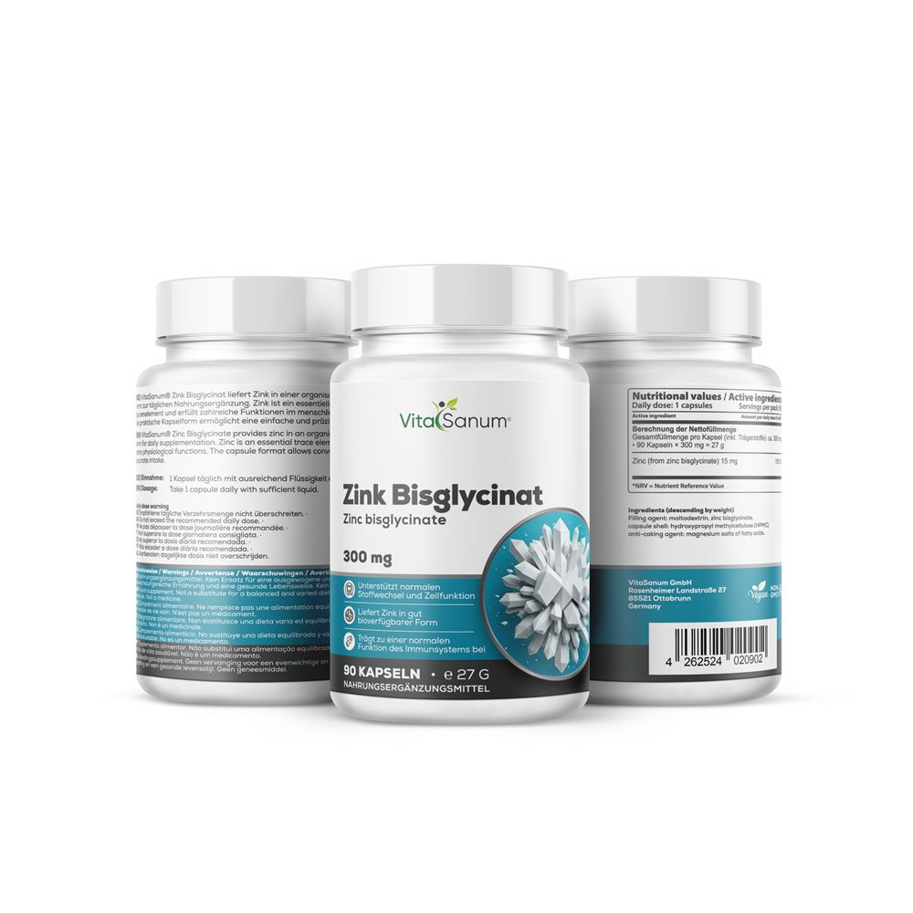 Trois flacons de Bisglycinate de Zinc VitaSanum. Un flacon montre l'étiquette avec 300 mg de Bisglycinate de Zinc, 90 gélules, 27g.