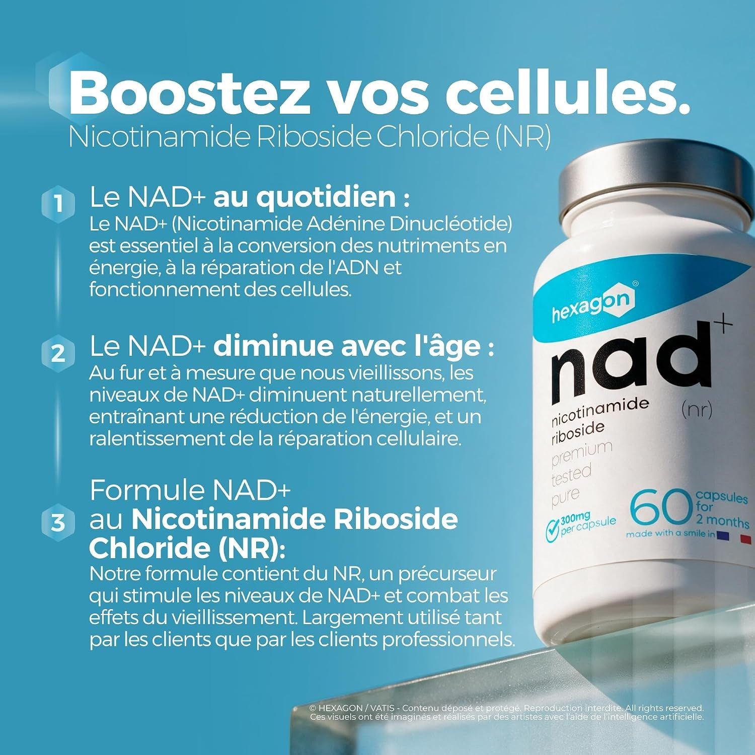 Bouteille blanche de capsules NAD+, 60 pièces pour 2 mois.