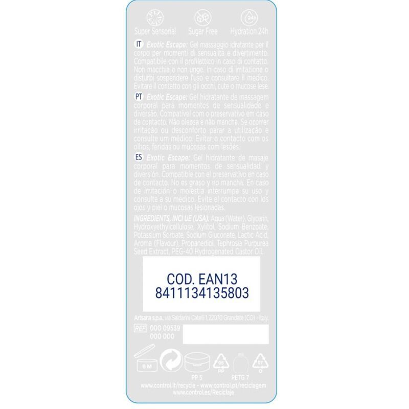 Emballage produit avec texte. Contient des informations sur les ingrédients, le mode d'emploi et le code EAN.