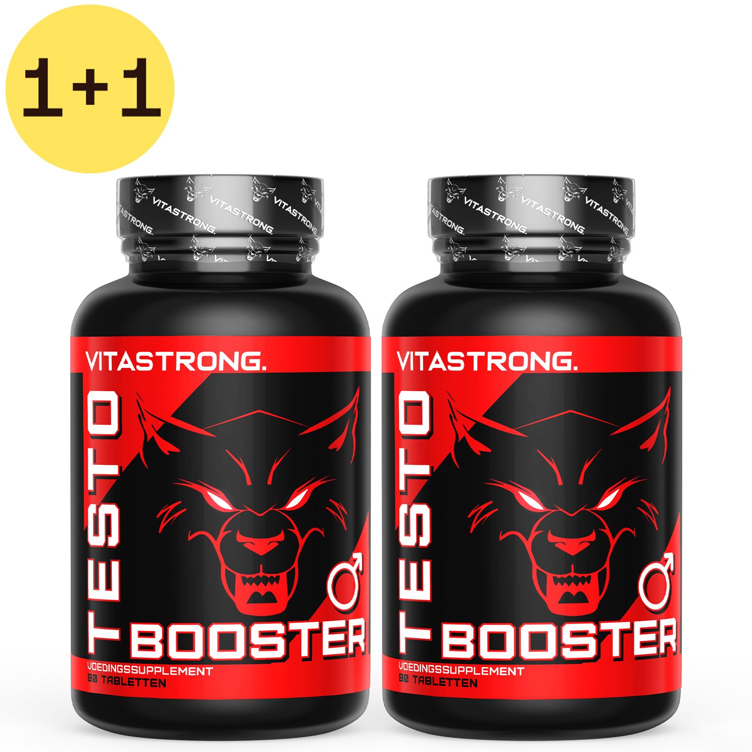 Deux flacons noirs avec étiquette rouge. Inscription: TESTO BOOSTER. Logo: loup. Offre 1+1.