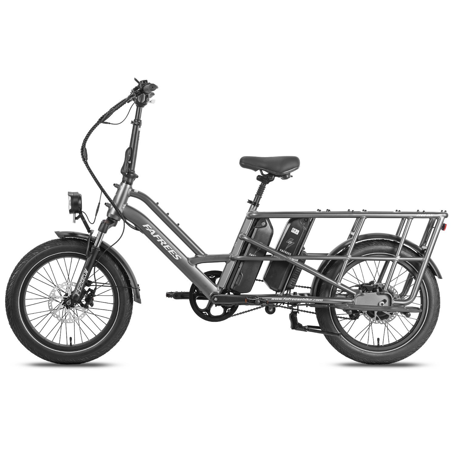 Vélo électrique gris avec porte-bagages et deux batteries. Marque FAFREES.