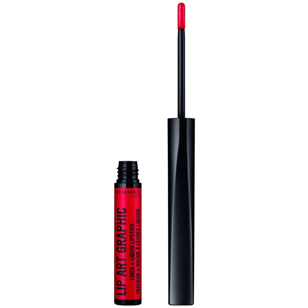 Stylo graphique pour les lèvres rouge avec capuchon ouvert et applicateur. Stylo noir, liquide rouge. Nom du produit visible.