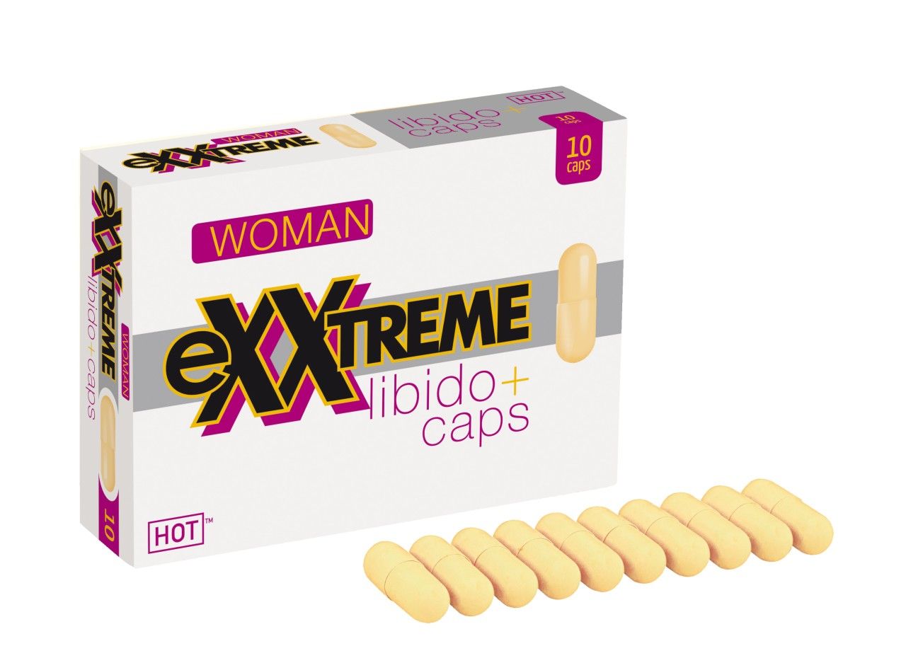 Boîte et 10 capsules eXXtreme Libido+ pour femmes, avec quelques capsules à côté.