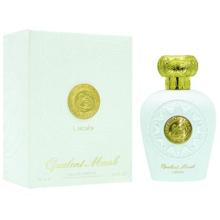 Flacon de parfum et emballage. Flacon blanc avec bouchon doré. Emballage blanc avec logo. Inscription: Opulent Musk, Lattafa.