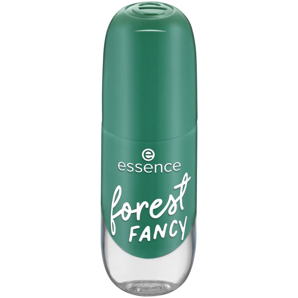 Flacon de vernis à ongles vert. Marque Essence, texte "forest FANCY". Bouchon fermé.