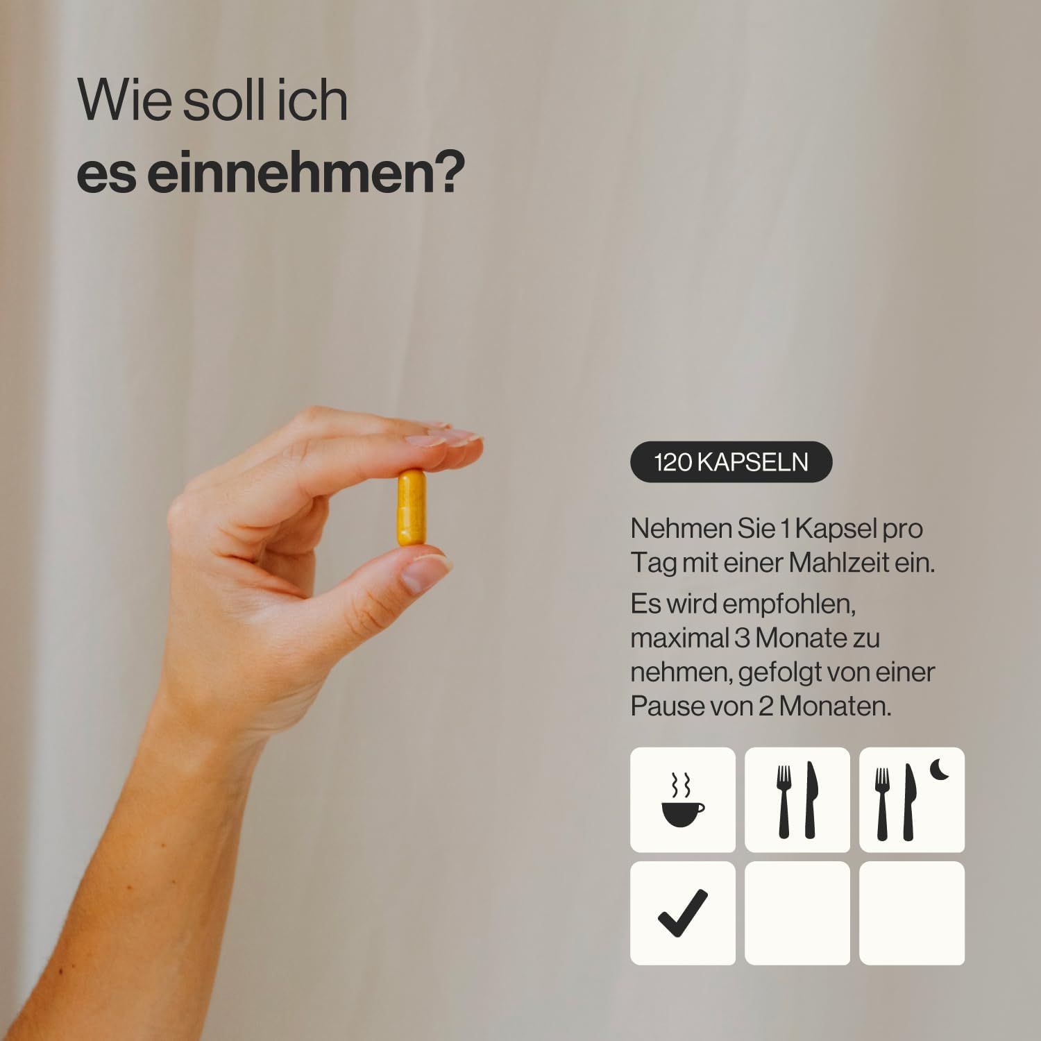 Main tenant une gélule jaune. Texte: 120 gélules. Prendre 1 gélule par jour avec un repas. Symboles de repas.