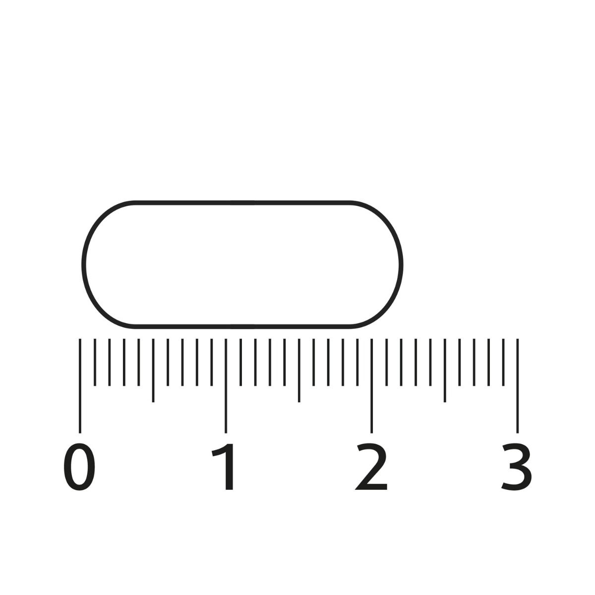 Een enkele, ovale tablet naast een liniaal. De tablet is ongeveer 2 cm lang.