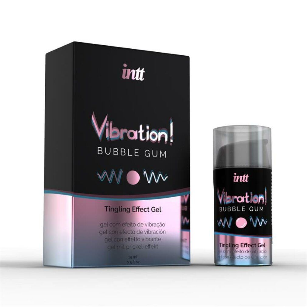 Productverpakking en gel. Zwarte doos met opschrift INTT, Vibration! Bubble Gum, Tingling Effect Gel. Gel fles ernaast.