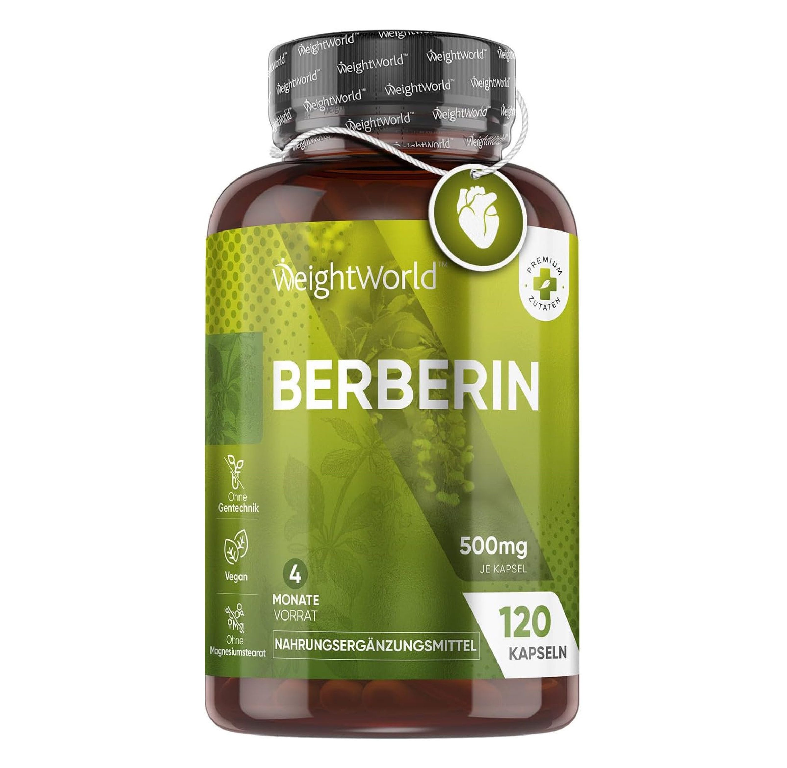 Image du produit gélules de berbérine en flacon. Contient des informations sur les ingrédients et les caractéristiques.
