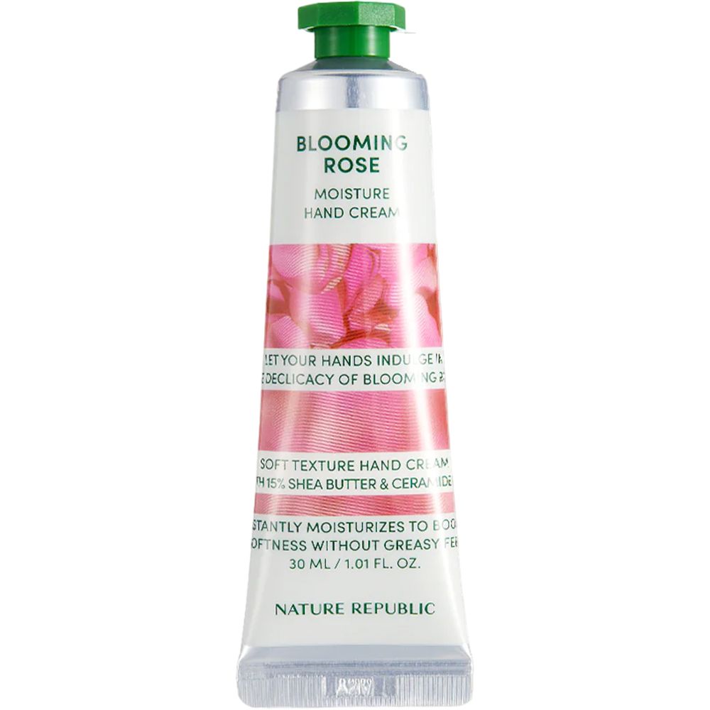 Tube de crème pour les mains, design blanc et rose, bouchon vert. Texte: Blooming Rose, Hand & Nature. Vue du produit.