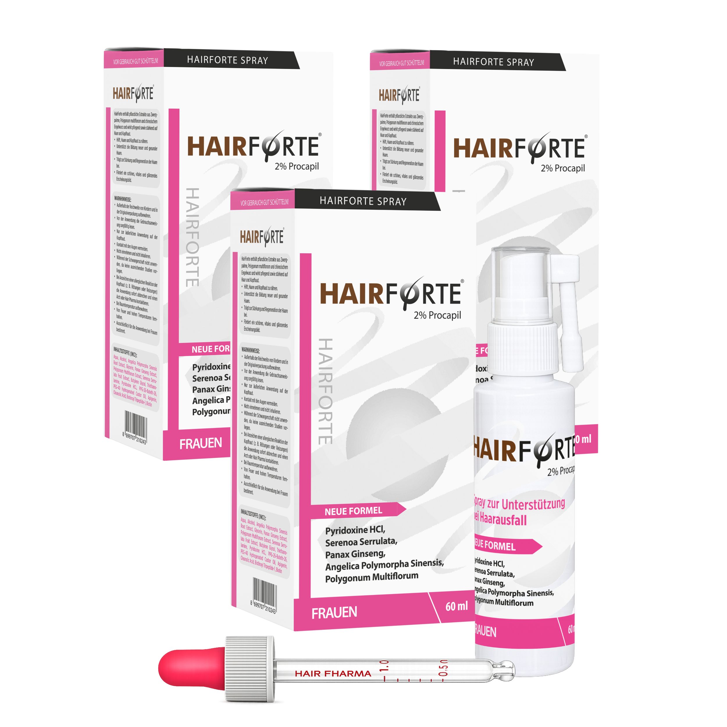 Trois boîtes et un flacon de Hairforte Spray 2% Procapil pour femmes, 60 ml.