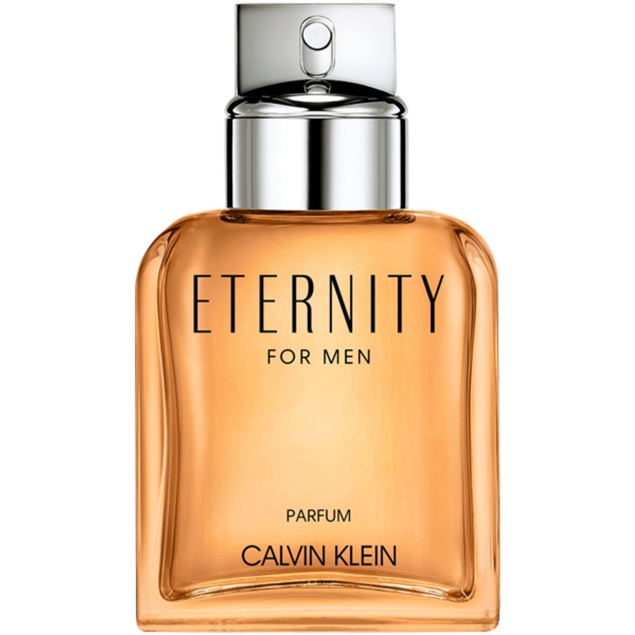 Vierkante parfumfles, amberkleurig glas. Zilveren dop. Opschrift: Eternity For Men, Calvin Klein.