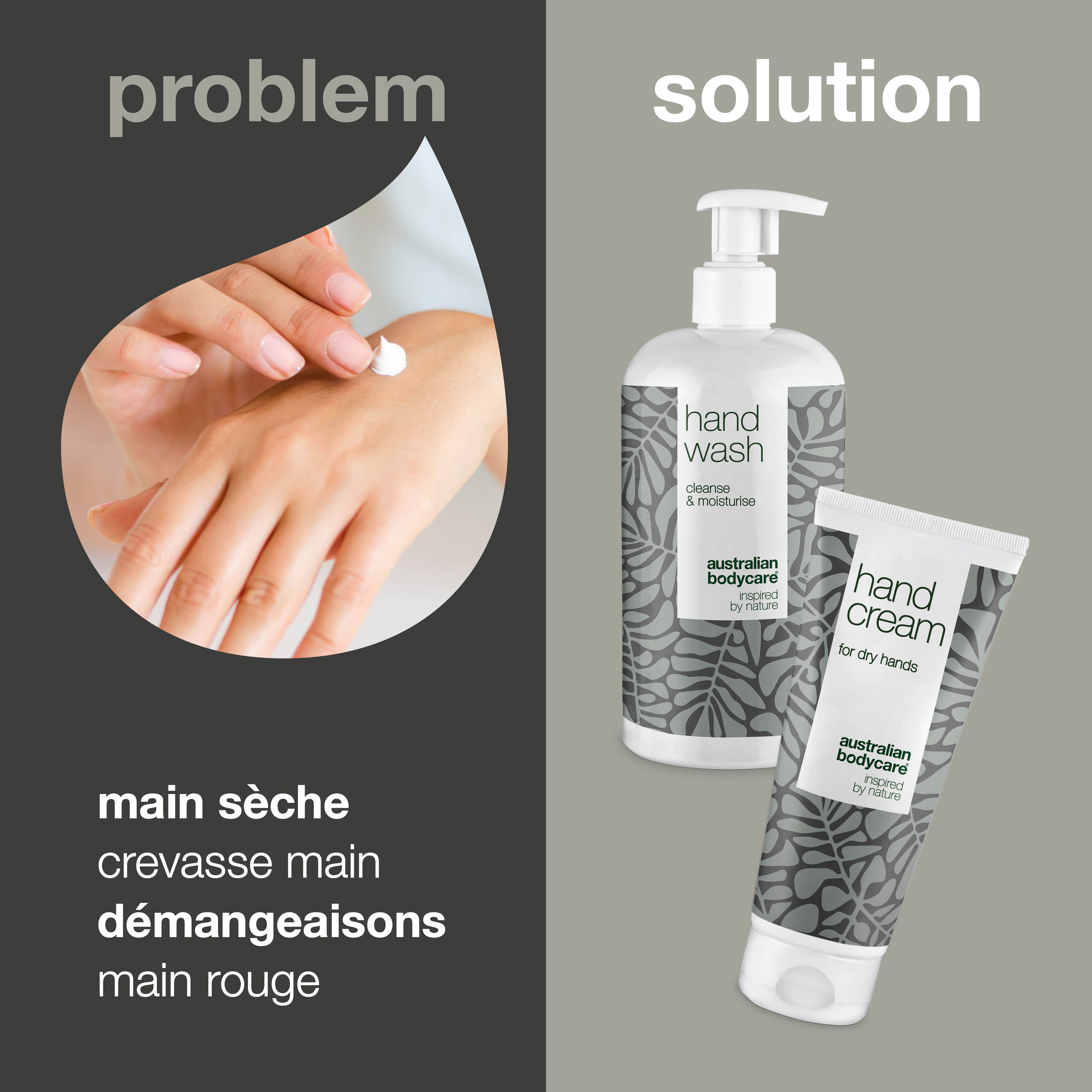 Image d'une main appliquant de la crème. À côté, lotion lavante et crème pour les mains. Texte : main sèche, gerçures, démangeaisons.