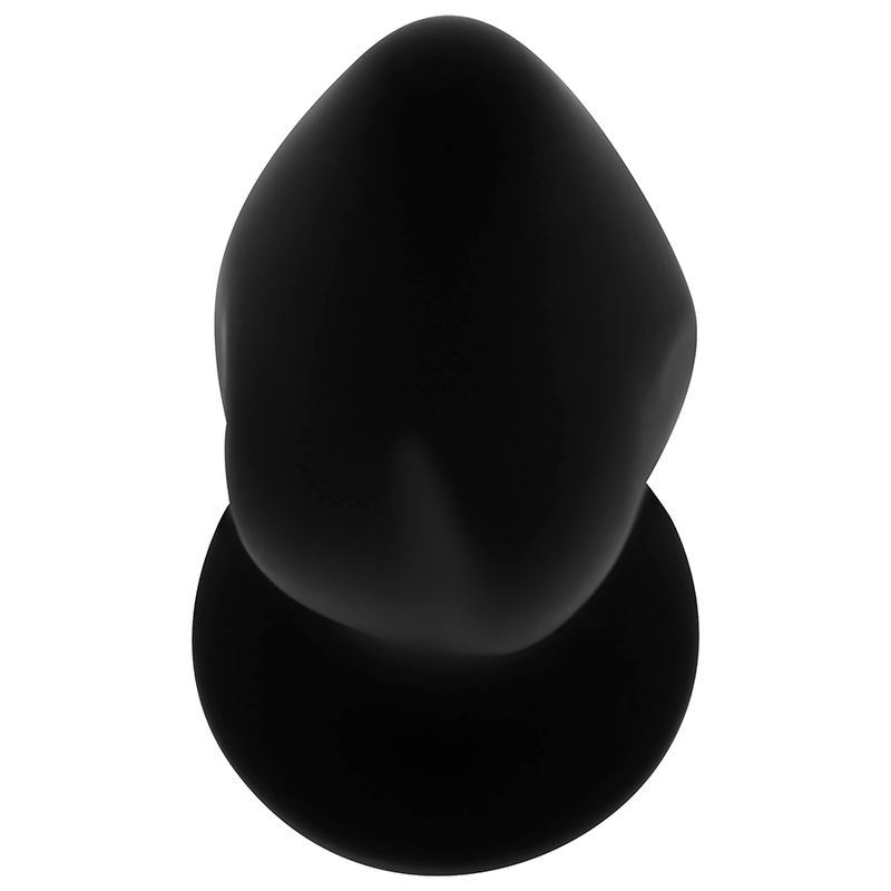 Bouchon anal en silicone noir avec une base plate, vu de dessus.