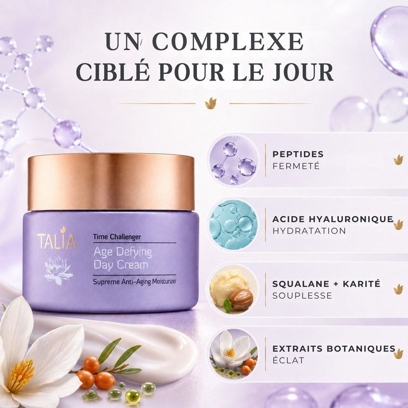 Emballage de crème de jour Talia, mention 'Age Defying Day Cream'.