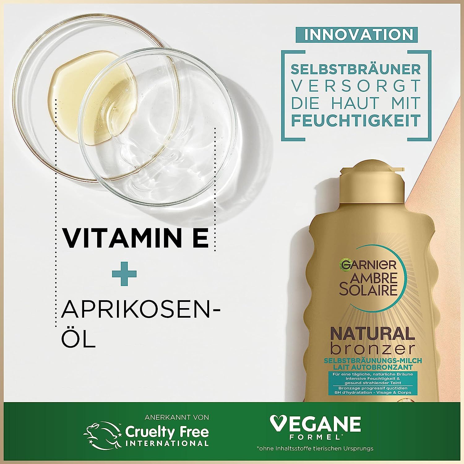 Produit et ingrédients. Texte: Vitamine E + Huile d'abricot. Cruelty Free International. Formule végétalienne. Garnier Ambre Solaire.