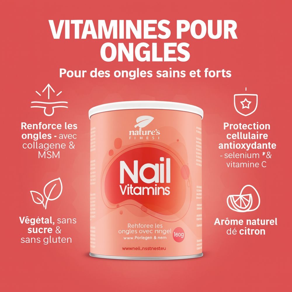 Fond rouge avec boîte "Nail Vitamins". Texte: "Vitamines pour ongles". Symboles: Renforcement, protection, citron, végétal.