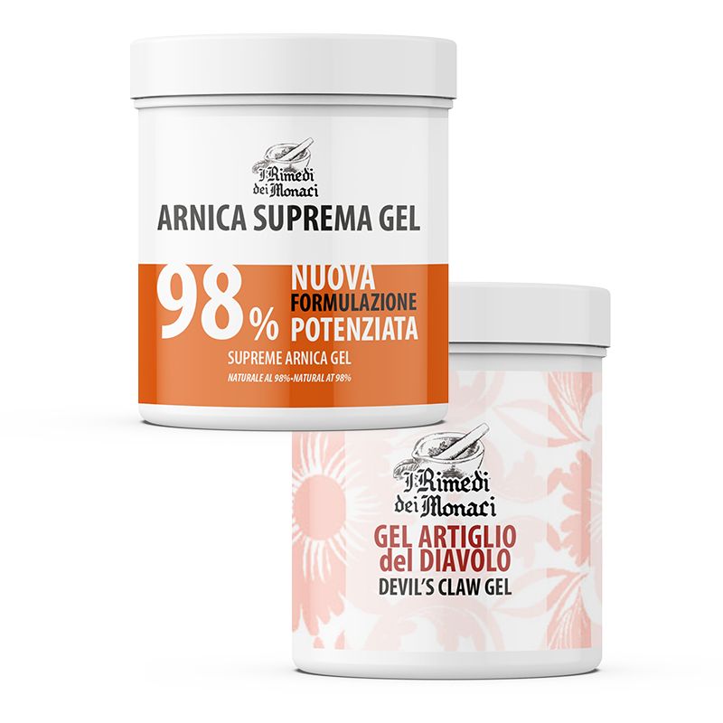 Twee witte potten. Eén met oranje band en tekst: Arnica Suprema Gel, 98%. De andere met bloemenpatroon en tekst: Gel Artiglio del Diavolo.