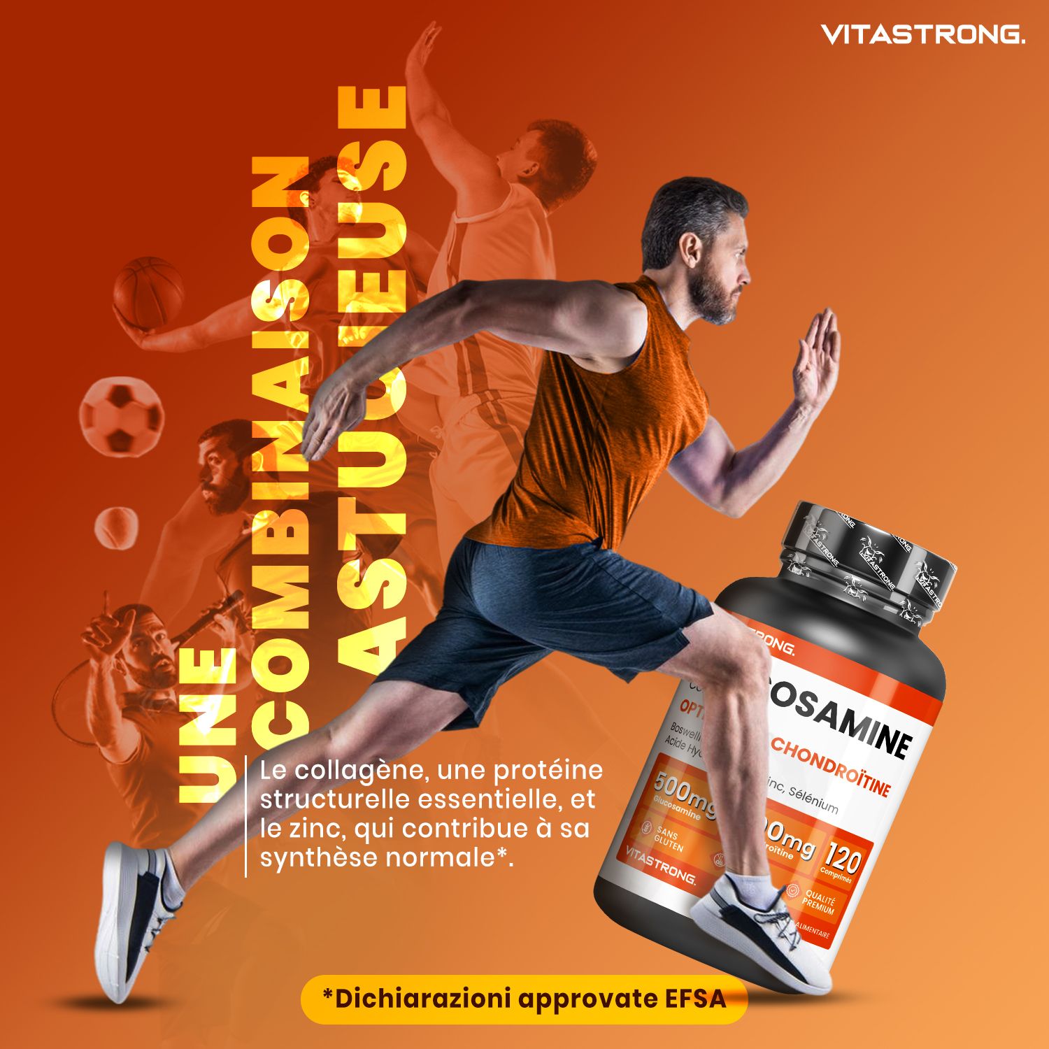 Homme courant. Flacon Vitastrong Glucosamine + Chondroïtine. Inscription : 120 comprimés. Fond orange. Logo Vitastrong.