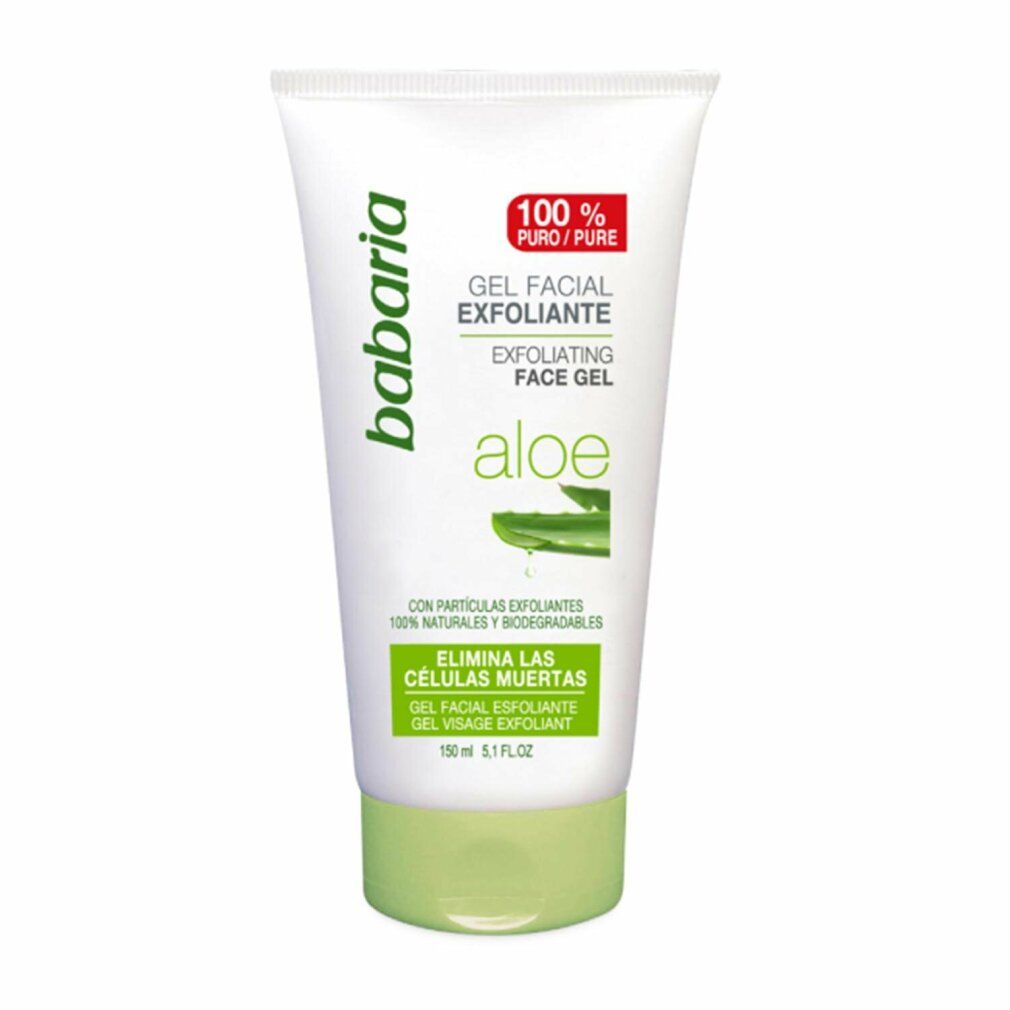 Babaria Aloe Facial Exfoliating Gel tube. Witte tube met groene dop. Tekst: 'Aloe', 'Gel Facial Exfoliante', '100% puro'.