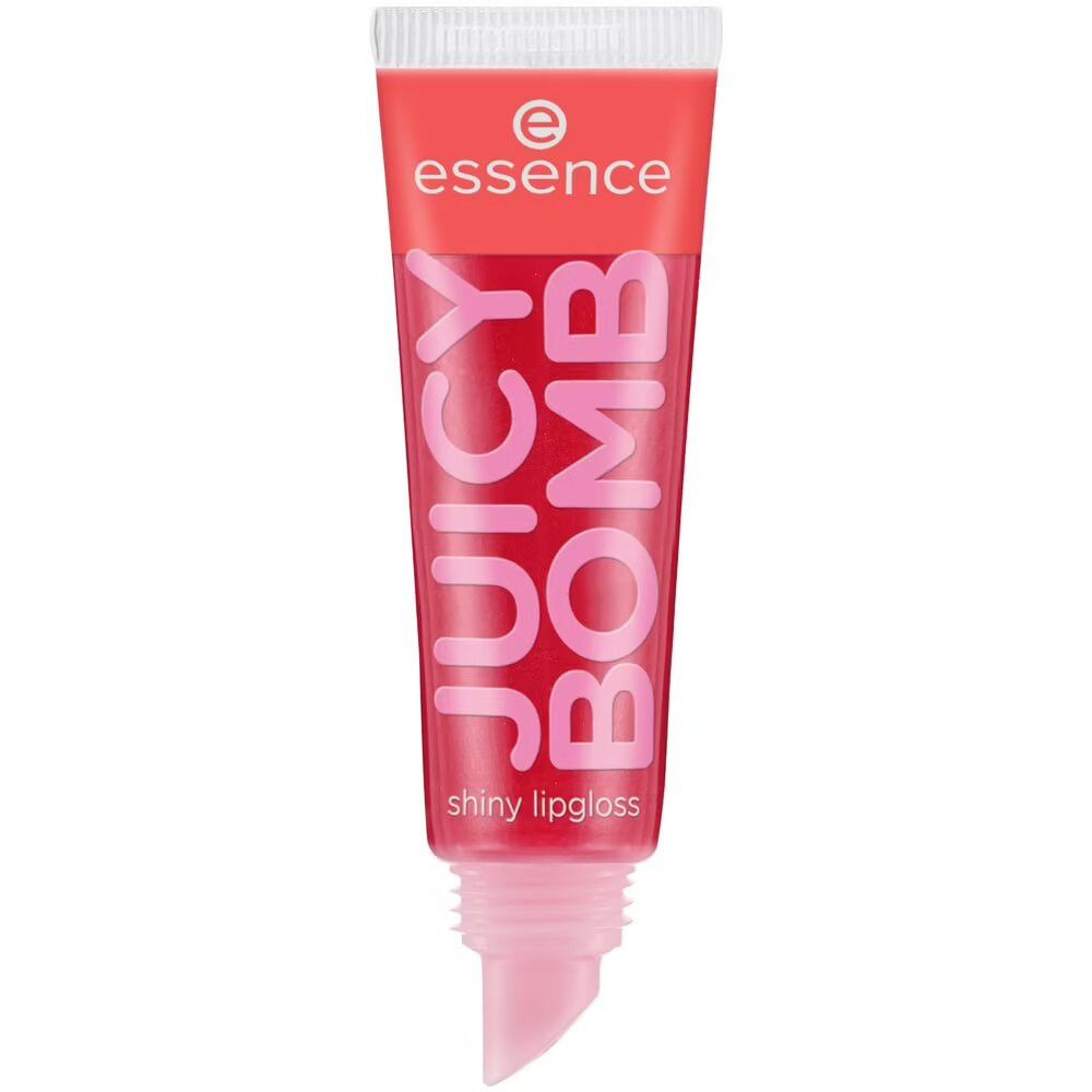 Tube de gloss à lèvres rouge. Inscription: Juicy Bomb, shiny lipgloss. Marque: essence.