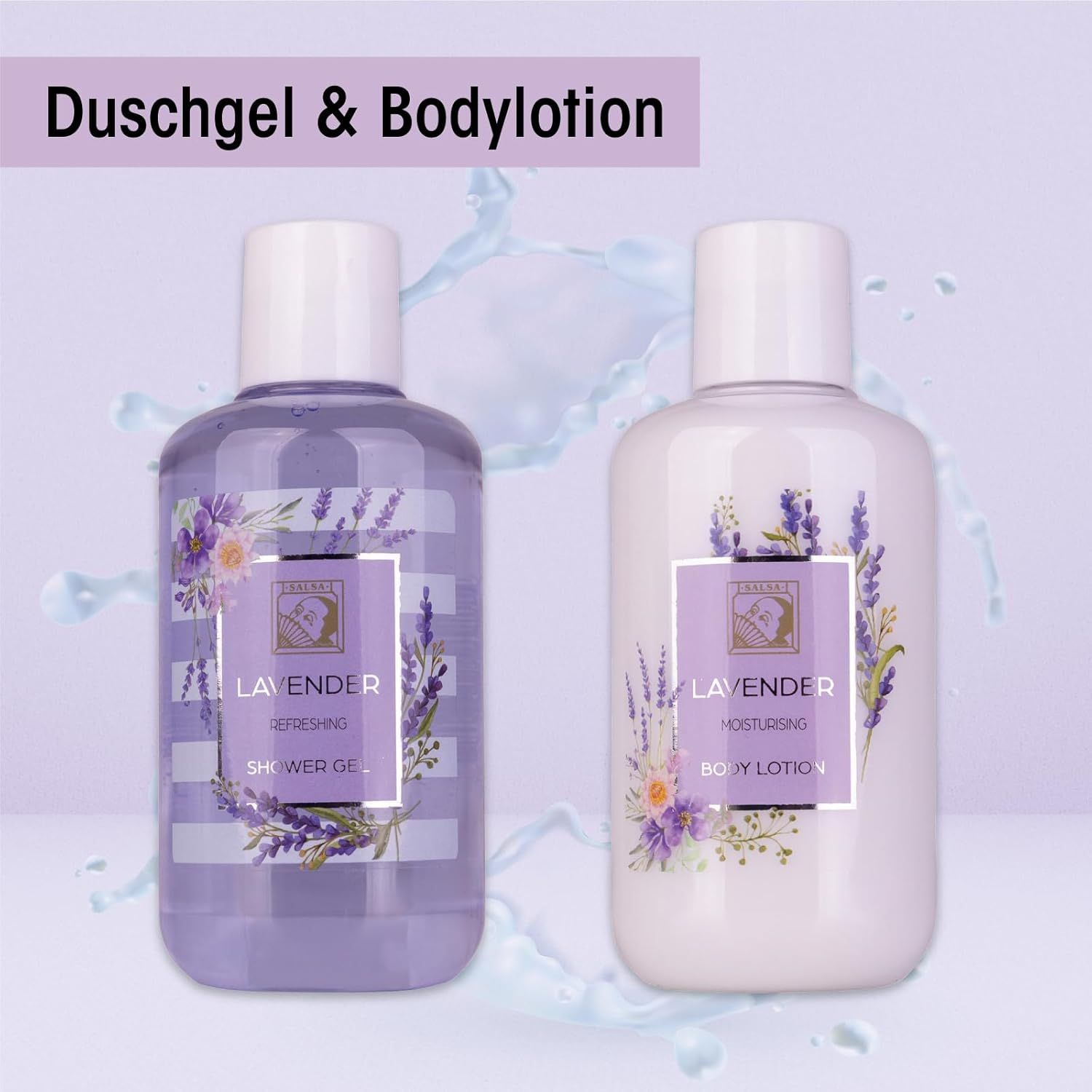 Gel douche et lotion pour le corps en bouteilles. Design lavande avec fleurs. Bouchons blancs.