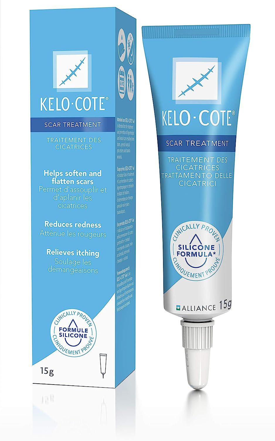 Gel Kelo-Cote pour traitement des cicatrices, tube de 15g et boîte.