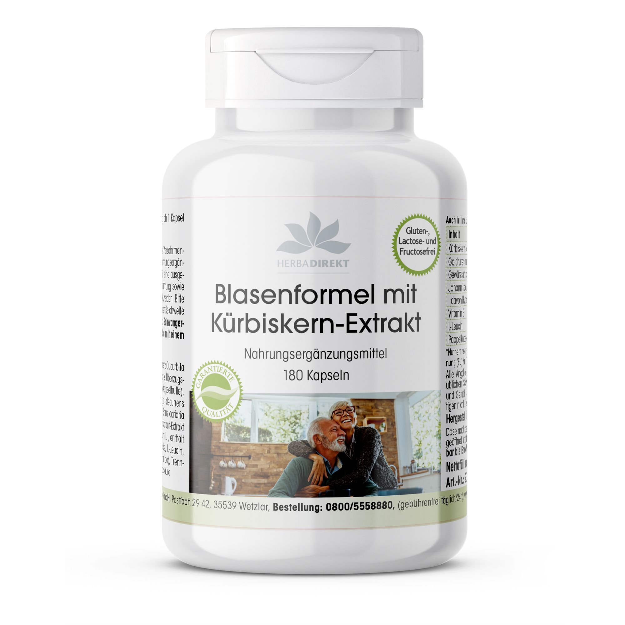 Flacon blanc de gélules. Inscription : Blasenformel mit Kürbiskern-Extrakt, 180 Kapseln. Logo : Herba Direkt. Sans gluten, lactose et fructose.