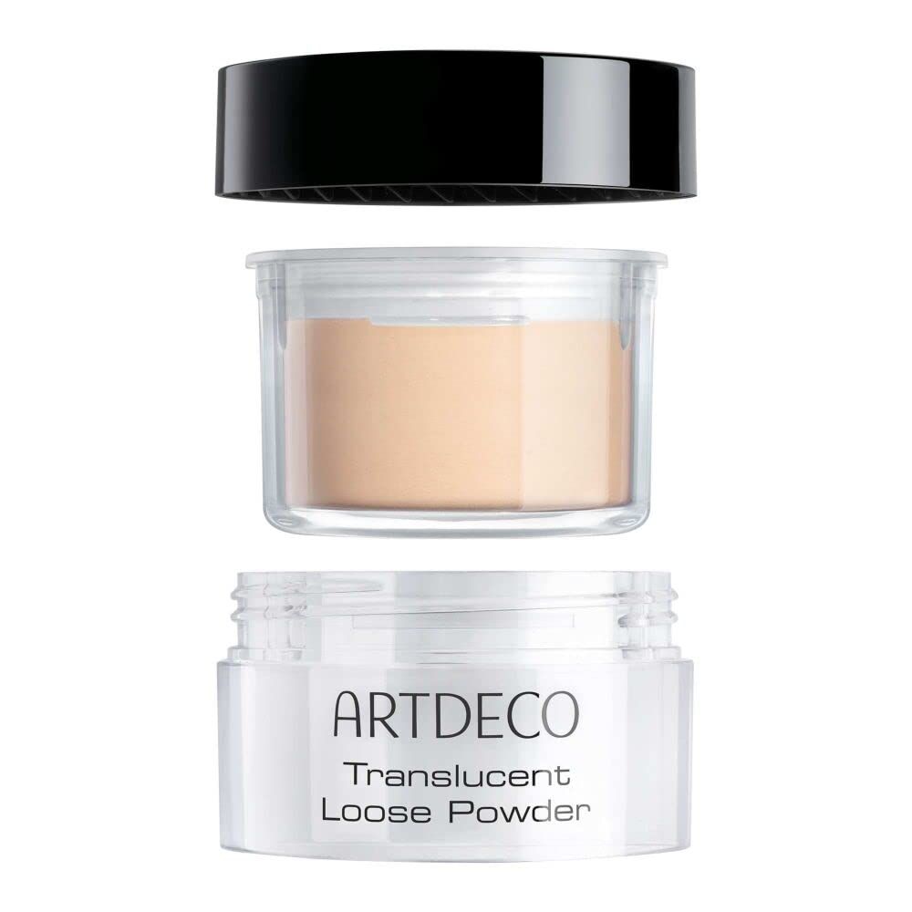 Artdeco Translucent Loose Powder, uit elkaar gehaald. Pot, deksel en inhoud apart weergegeven. Productnaam zichtbaar.