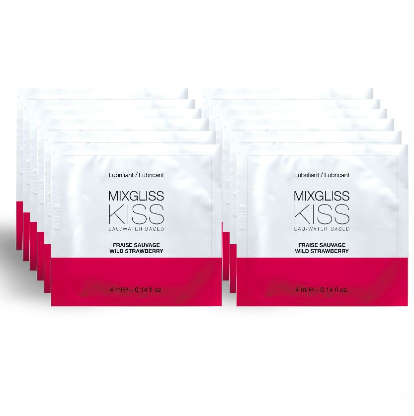 Deux rangées de six sachets individuels de lubrifiant, saveur fraise.