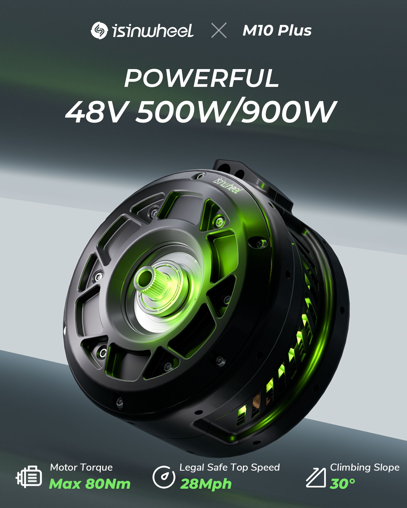 Close-up van de elektromotor. Zwarte behuizing met groene accenten. Tekst: 'POWERFUL 48V 500W/900W'.