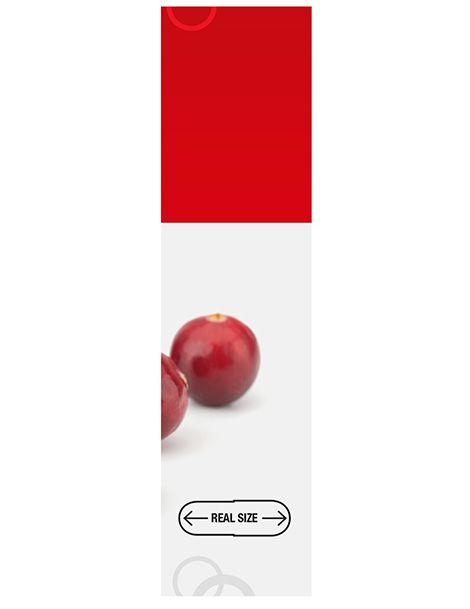 Close-up van cranberries. Opschrift "REAL SIZE". Rode achtergrond.