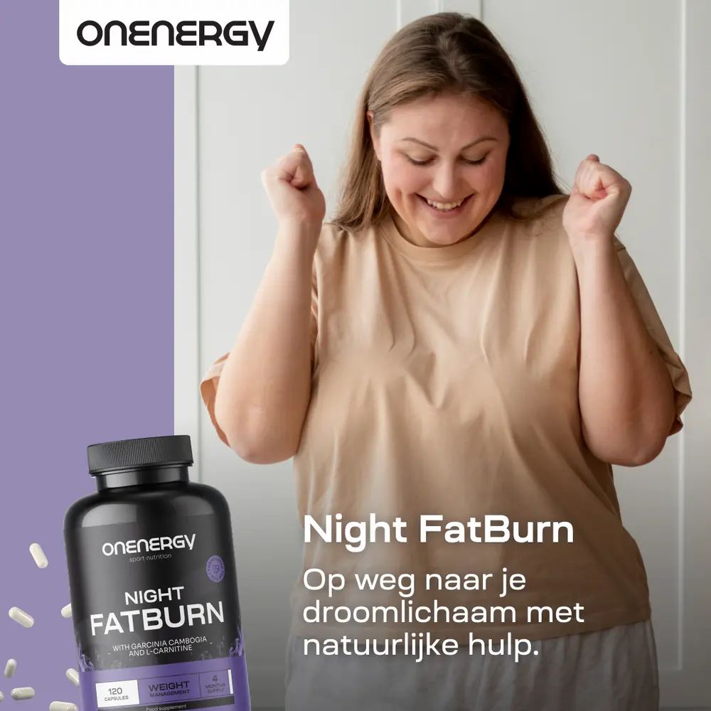 Vrouw juicht. Fles Night FatBurn. Tekst: Night FatBurn. Op weg naar je droomlichaam met natuurlijke hulp.