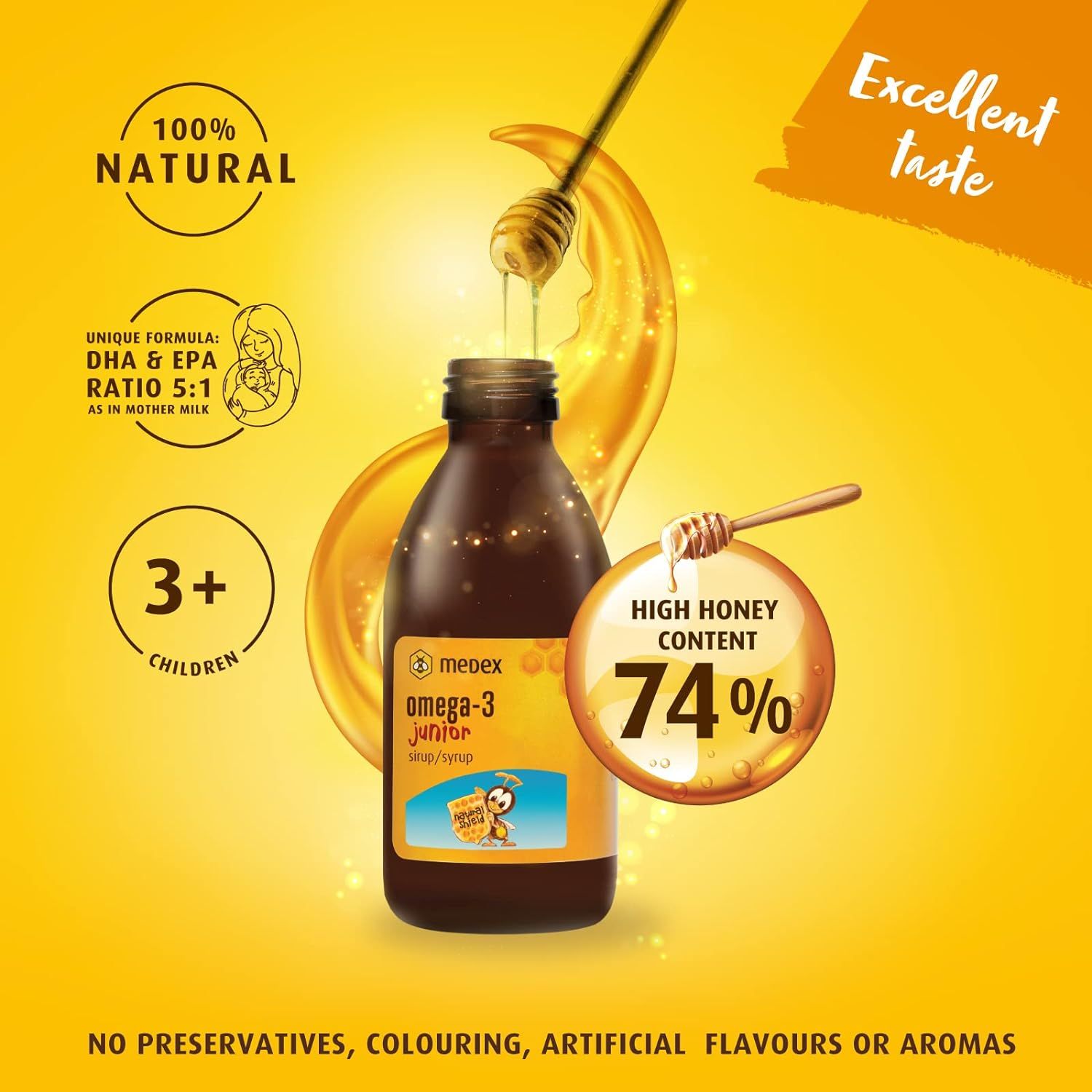 Bouteille marron avec étiquette jaune. Du miel coule dans la bouteille. Texte : 74% de miel. 100% naturel.