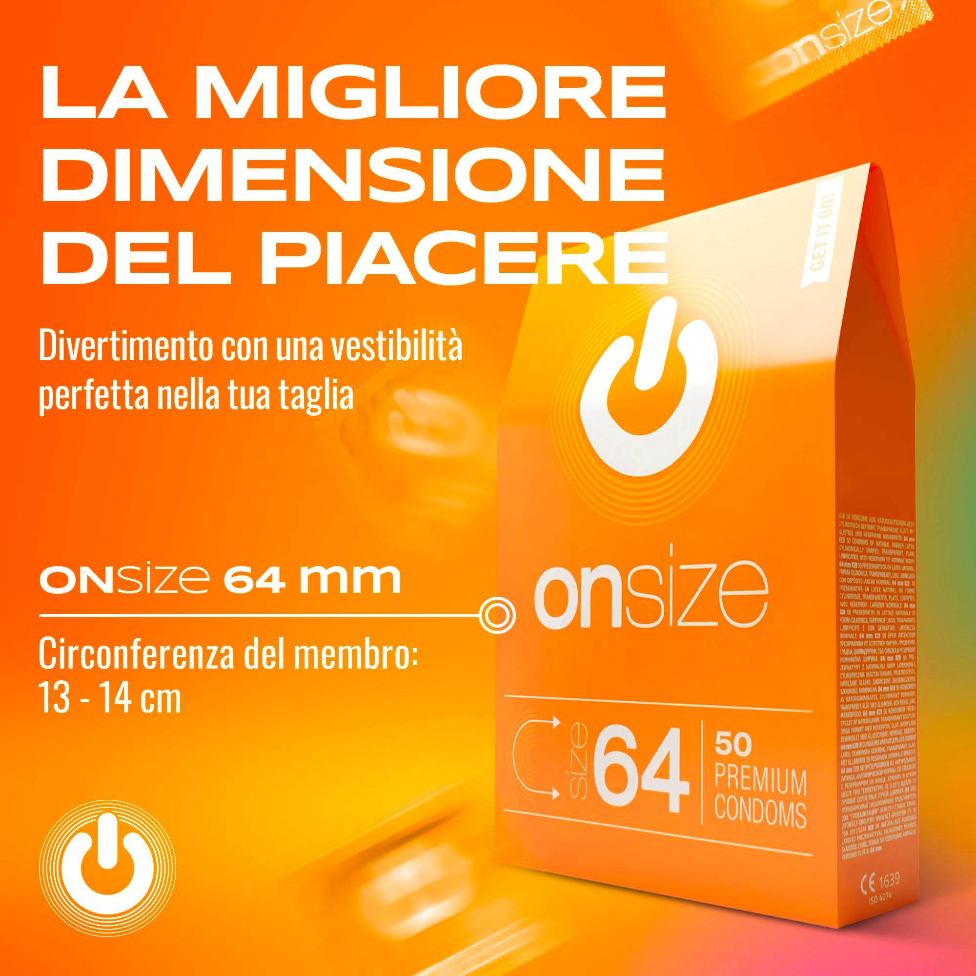 Préservatifs ONsize 64mm. Texte: La meilleure dimension du plaisir. Circonférence 13-14 cm.